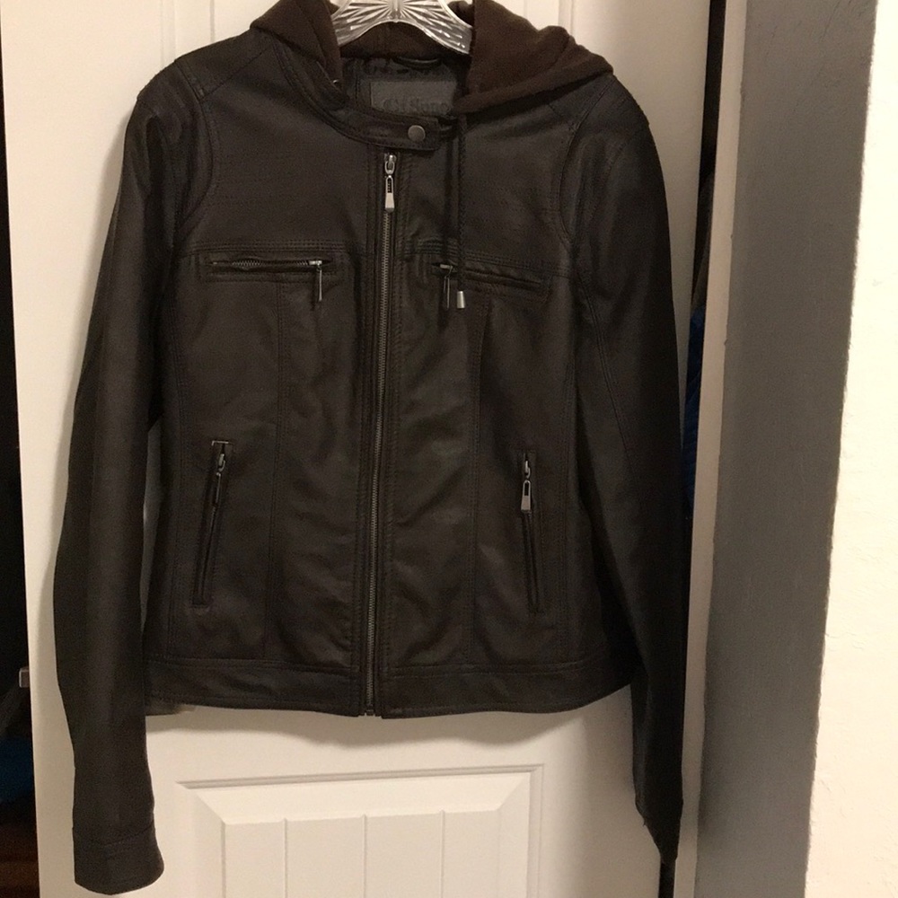 Brown “leather” jacket with hood